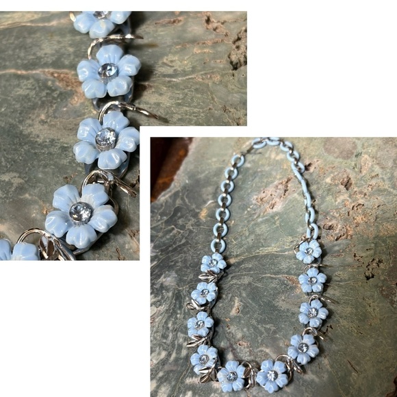 Jewelry - Blue Flowers Enamel Bakelite Silver Vintage 50’s Choker Necklace